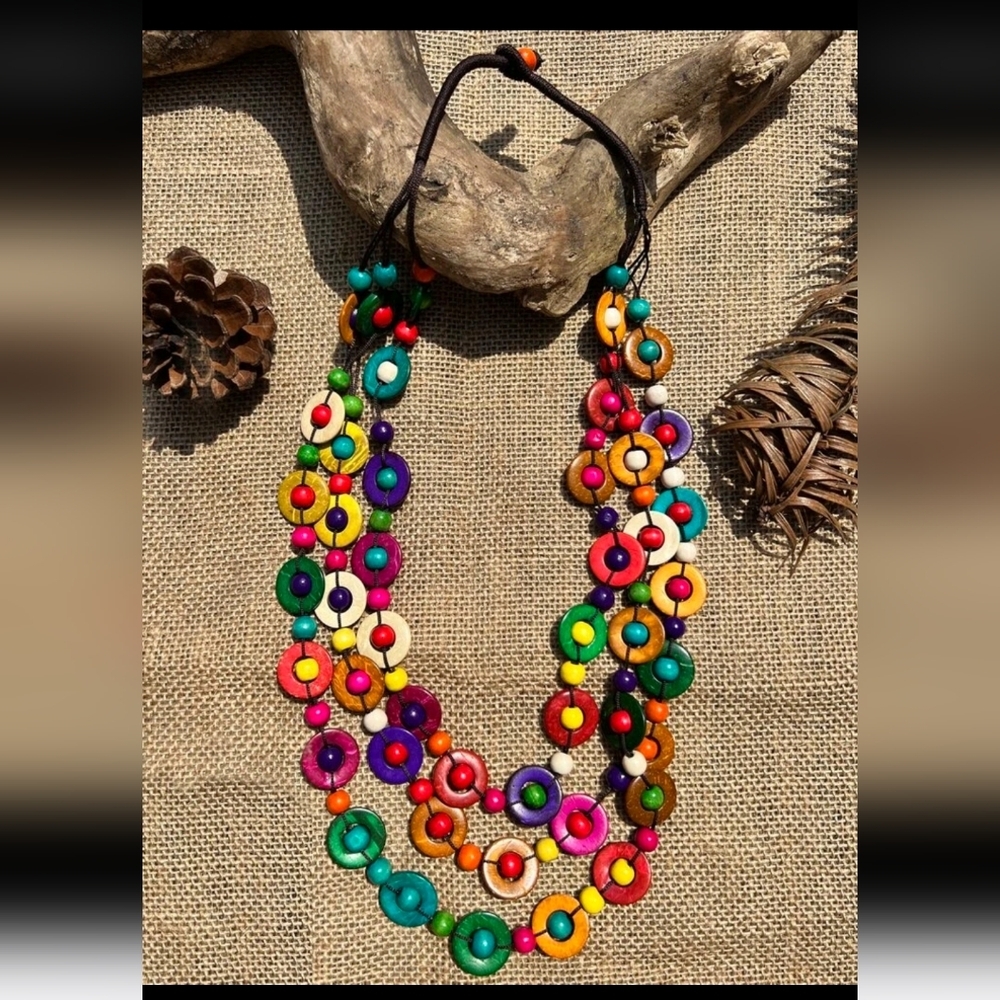 WOOD Bead COLORFUL COCONUT Shell NECKLACE - Picture 2 of 4